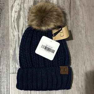 C.C Women’s Navy Blue Knit Beanie with Brown Faux Fur Pom